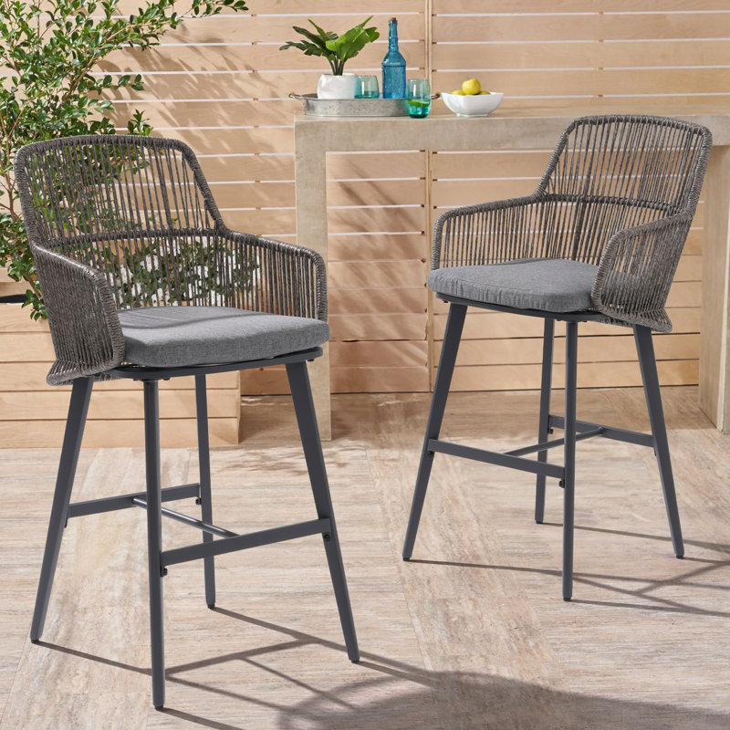 Outdoor 46" Bar Stools With Cushions, Black/Gray