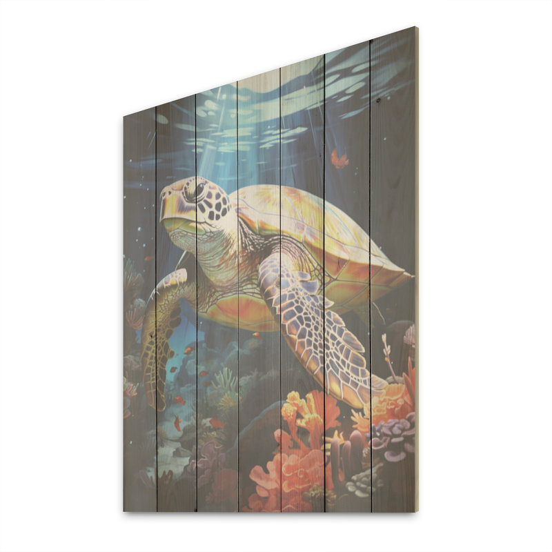 «Dreamy Marine Encounter» - panneau mural en bois de tortue sur bois de pin naturel, H 20 po x l 10 po