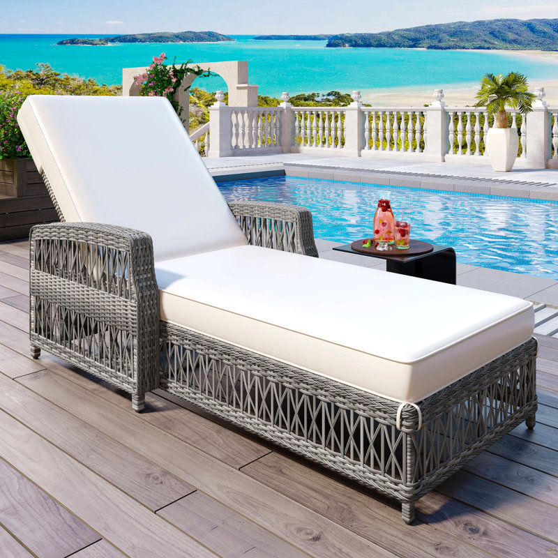 Outdoor Long Reclining Chaise, Wicker Lounge With Armrests, Patio Adjustable Recliner With Soft Removable Cushions, All Weather Rattan Pool Lounge For Poolside & Garden, Beige