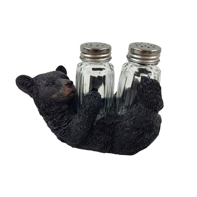 Rustic Black Bear Cub Polyresin Salt and Pepper Shaker Holder Set