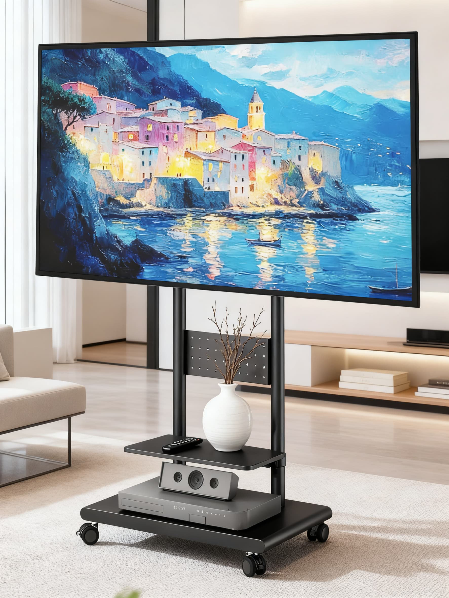 Symple Stuff Heavy-Duty Rolling TV Stand With Height Adjustment, Swivel ...