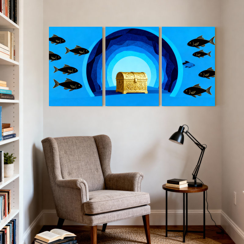 Coffre au trésor sous-marin et ensemble de 3 reproductions d'art sur toile, H 30 po x l 60 po
