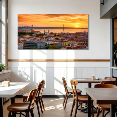Canvas Wall Art Picturesque sunset Lisbon Portugal Evening panorama Portuguese Wall Decor for Living Room Bathroom Bedroom Office 24"H x 48"W Art Paintings, Ready to Hang