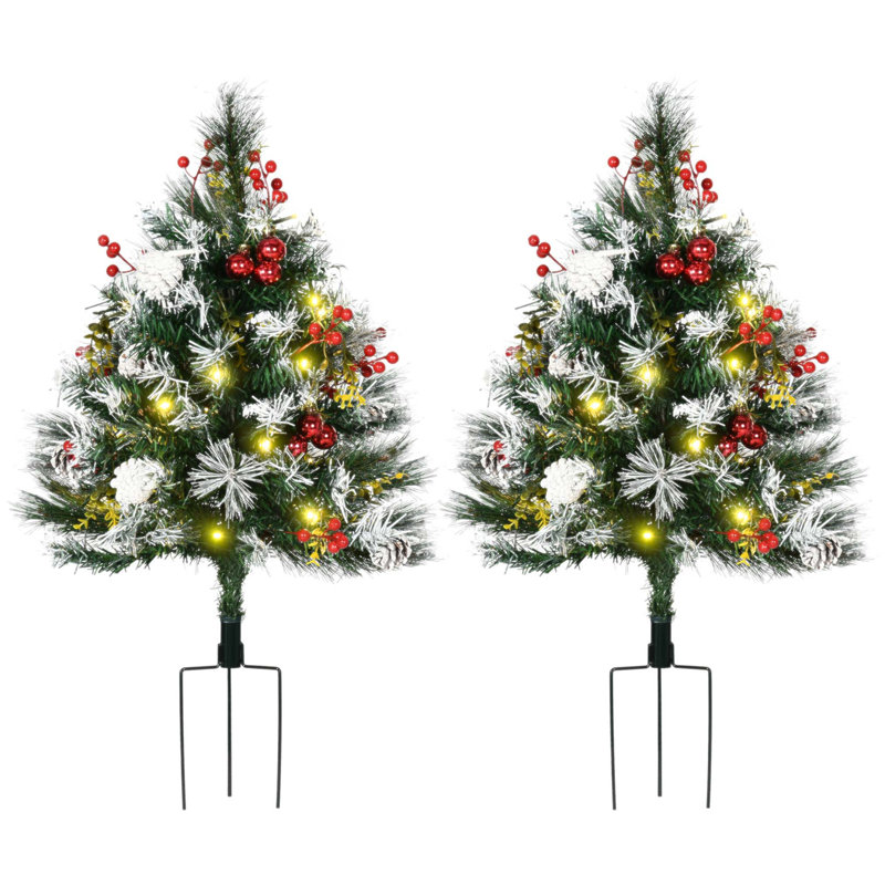 Arbre de Noël artificiel 2,5 pi avec 70 branches, lumières DEL chaudes, baies rouges, pommes de pin et boules pour l'entrée extérieure