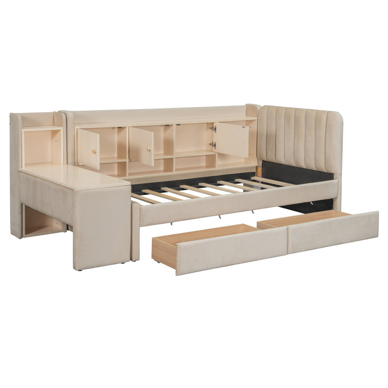 Lit plateforme simple en velours beige avec tiroirs de rangement et tablette latérale, Beige