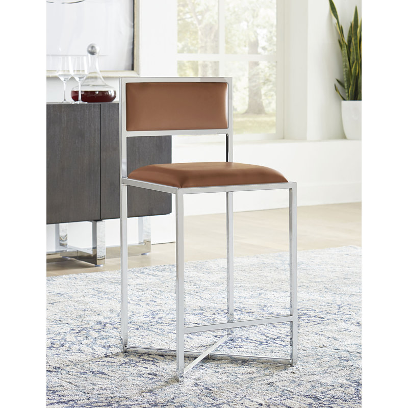 Cognac Faux Leather and Chrome Counter Stool Set