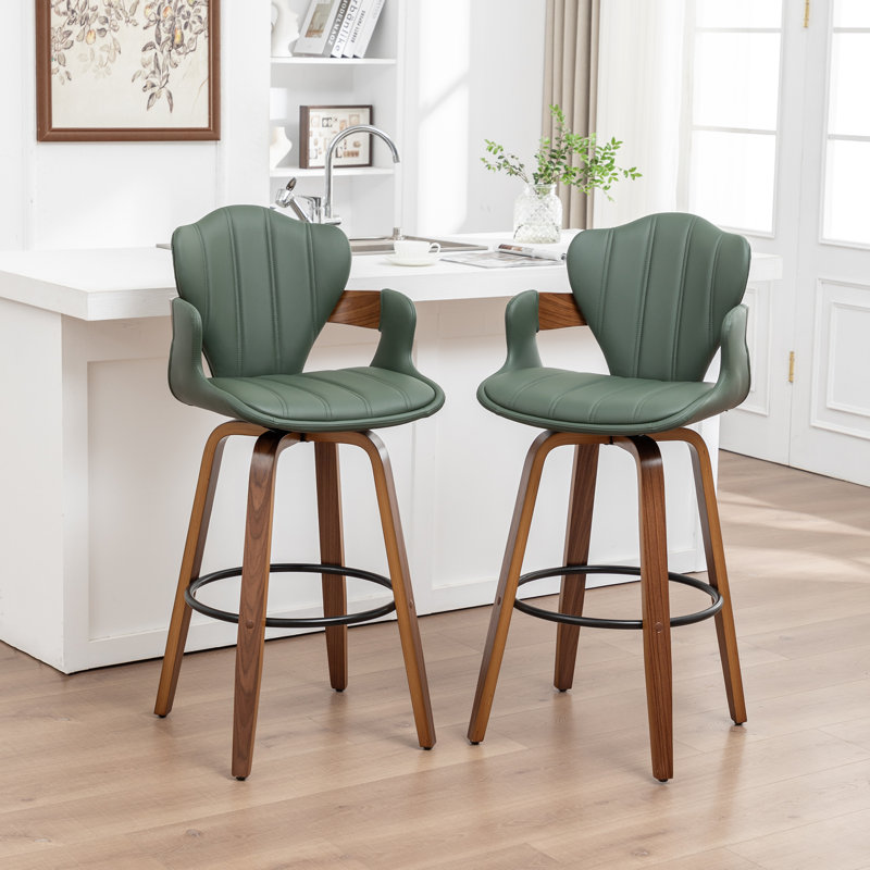 Modern Vegan Leather 360° Swivel Counter Stools With Unique Bentwood Legs, Green, Counter Stool (25" Seat Height)