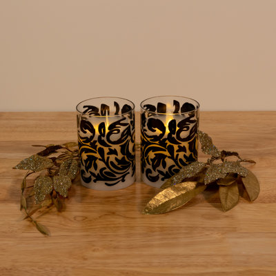 Battery Operated LED Glass Candles with Flickering Flame, Baroque Swirl - 2 Piece