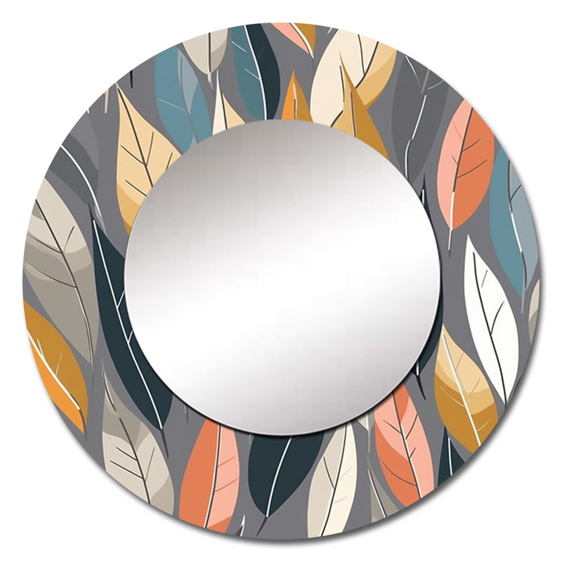 Retro AbstractáLeaves III - Geometric Decorative Mirror, Modern Round Wall Mirror, Printed Metal Art, 23" x 23"