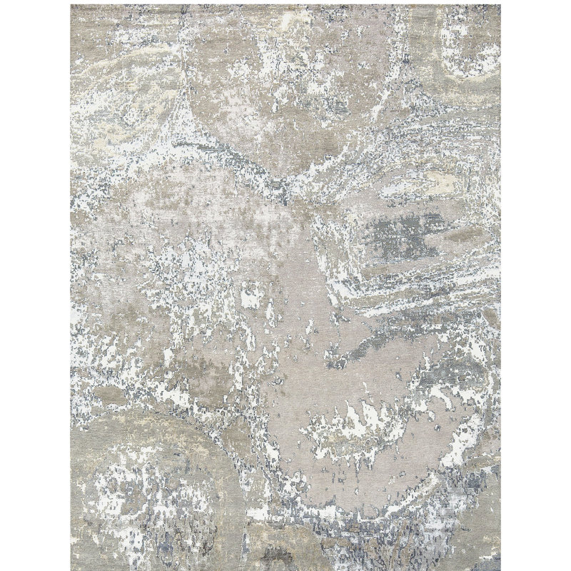 Tapis rectangulaire en laine / viscose noué à la main beige / blanc / gris, Rectangle 6 pi x 9 pi