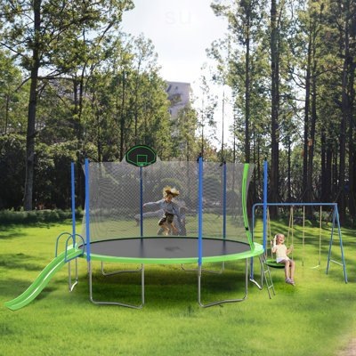 14FT Trampoline With Slide And Swings, Double Color Cover, Trampoline With Basketball Hoop And Ladder,Outdoor Backyard Trampoline With Net, Capacity For Kids And Adults