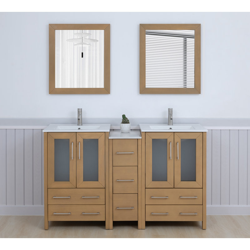 Ensemble de meuble-lavabo double 60 po avec dessus 60 po et miroir, Chêne naturel / nickel brossé