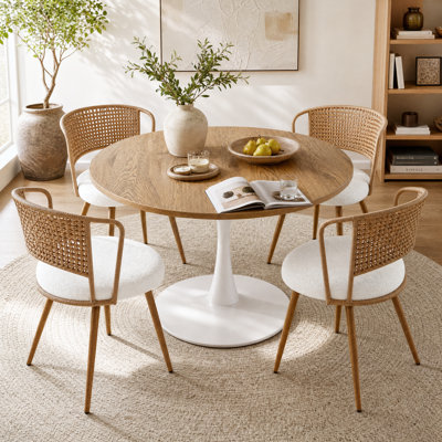 Table de salle à manger extensible ronde-ovale de style moderne du milieu du siècle (147 cm) pour 4 à 6 personnes, avec pied central tulipe en métal, couleur naturelle.
