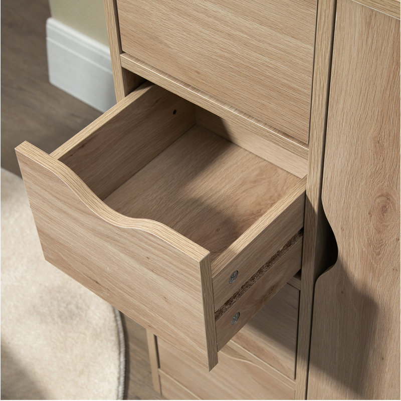 Freestanding Storage Cabinet, Bathroom Floor Cabinet With 4 Drawers And Door, Oak