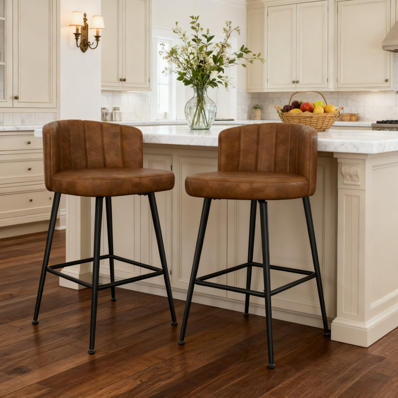 Tabouret de bar et de comptoir rembourré 27,2 po avec dossier, tabourets pivotants à 360 ° en similicuir, brun rétro, Brun