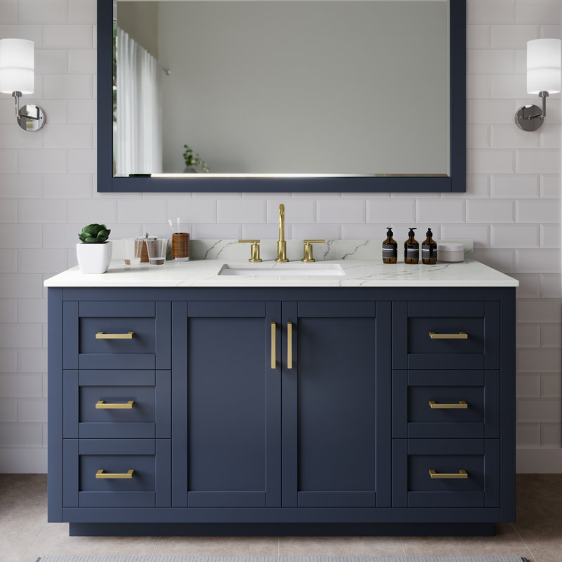 Miranda 60" Freestanding Single Bathroom Vanity with Quartz Top, Giotto Quartz, Dark Blue, Brushed Gold