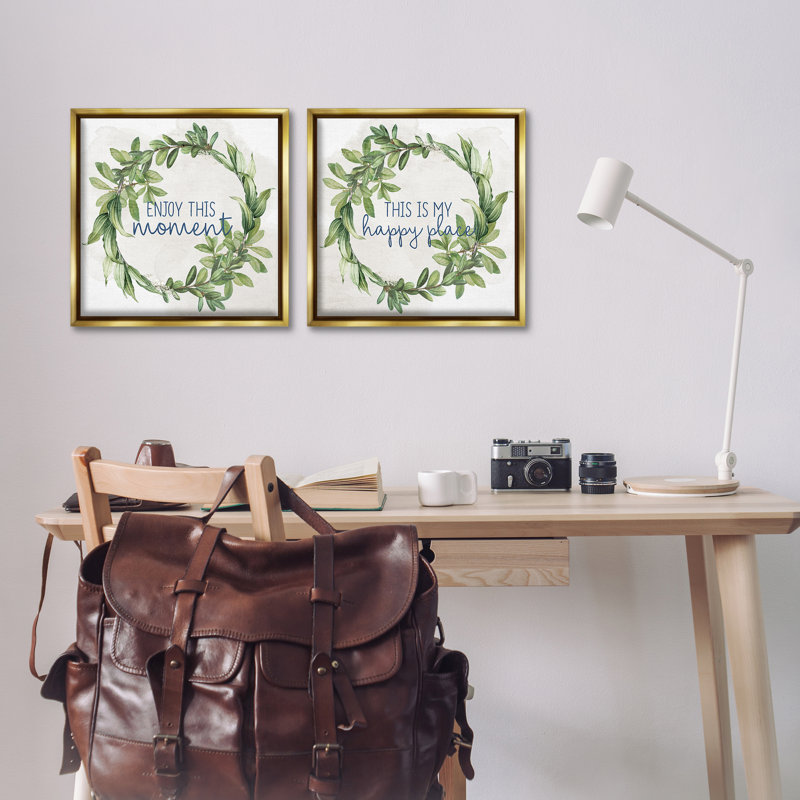 «Enjoy Happy Greenery Wreath», ensemble de 2 toiles flottantes encadrées par Ann Bailey, Cadre flottant métallique doré