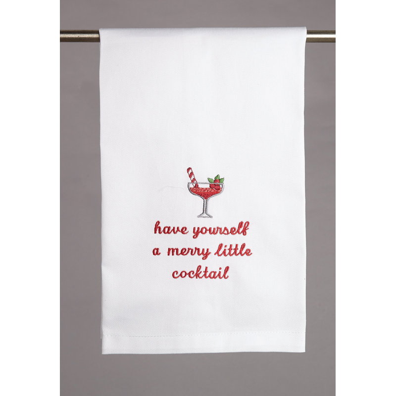 Merry Little Cocktail Embroidered Cotton Tea Towel