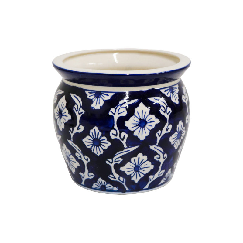 Home&Manor Ceramic Medium Planter Blue/White