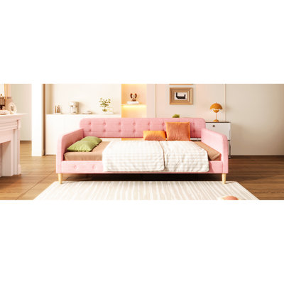 Lit de jour rembourré grand format, design élégant pour toute maison, invités confortables, lit de jour en bois massif avec sièges moelleux