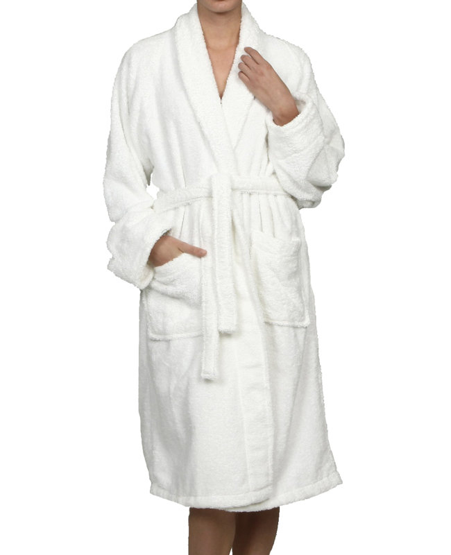 100% Cotton Terry Cloth Gender Neutral Mid-Calf Bathrobe with Pockets, White, M