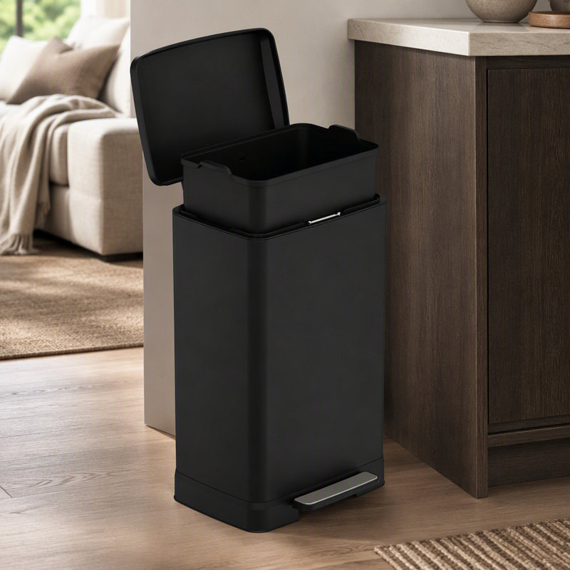 Black 55 Liter Pedal Trash Can with Soft Close Lid, Removable Inner Bucket and Detachable Wheels