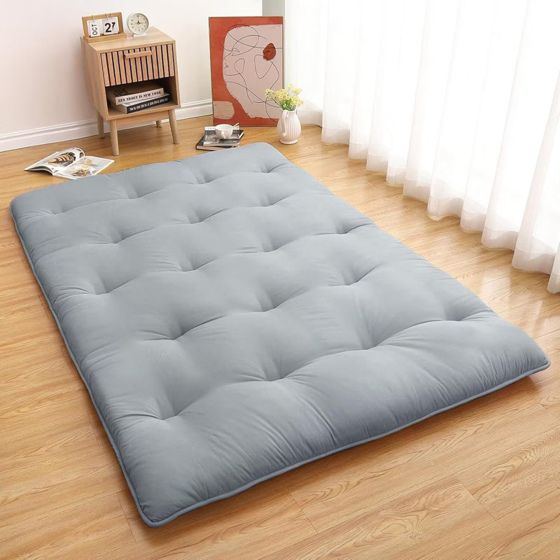 Matelas de futon japonais pliable pour matelas Tatami, Gris clair, Lit double