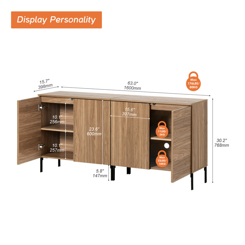 Union Rustic 63" Modern Wood Reeded Dresser Set Of 2 With Doors, Minimalist Dresser Organizer Storage Cabinet For Bedroom,Living Room, Entryway