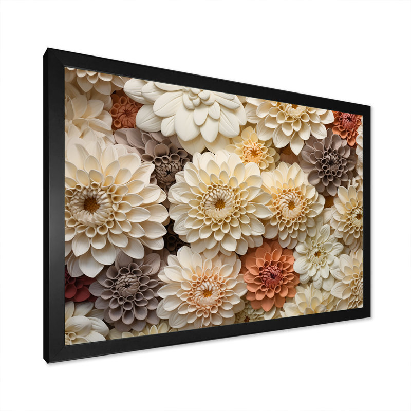Minimalisme, fleurs de zinnias beiges sur toile, H 34 po x l 44 po x P 1,5 po, Cadre simple noir