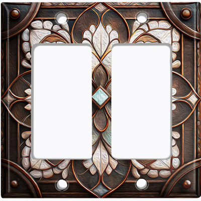 Metal Light Switch Plate Cover; US Standard Size 2 Gang GFI Rocker - Printed Image of Stained Glass Rustic Flower Pattern