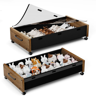 Rangement sous le lit avec roulettes, tiroirs de rangement sous le lit avec fenêtre amovible, très grand tiroir de rangement sous le lit à roulettes (brun noyer - paquet de 2)