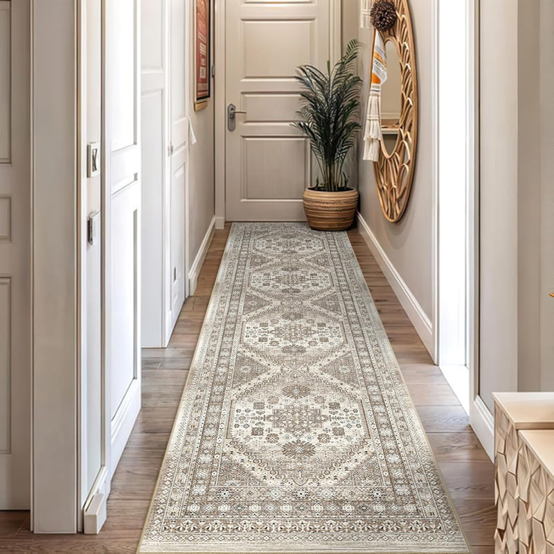 Medallion Non Slip Washable Rug(Brown), Runner 2' x 10'