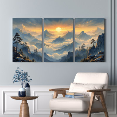 Mountain Landscape at Sunrise Canvas Wrapped Wall Art, Oil Painting Print (Set of 3)