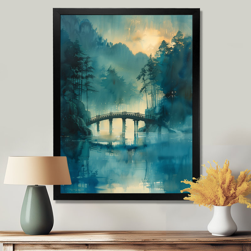 Bleu, bleu, printemps, eau, bord, pont, ponts, art mural, salon, Black Picture Framed, 20" H x 12" W