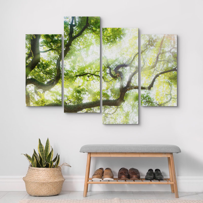 La lumière du soleil brille sur un arbre vert, auvent, art sauvage, art moderne, très grand décor pour chambre à coucher sur toile, ensemble de 4 pièces
