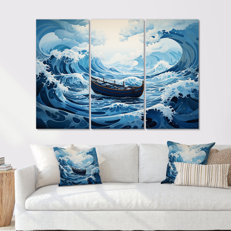 Bleu surréel, bateau côtier, H 40 po x l 60 po