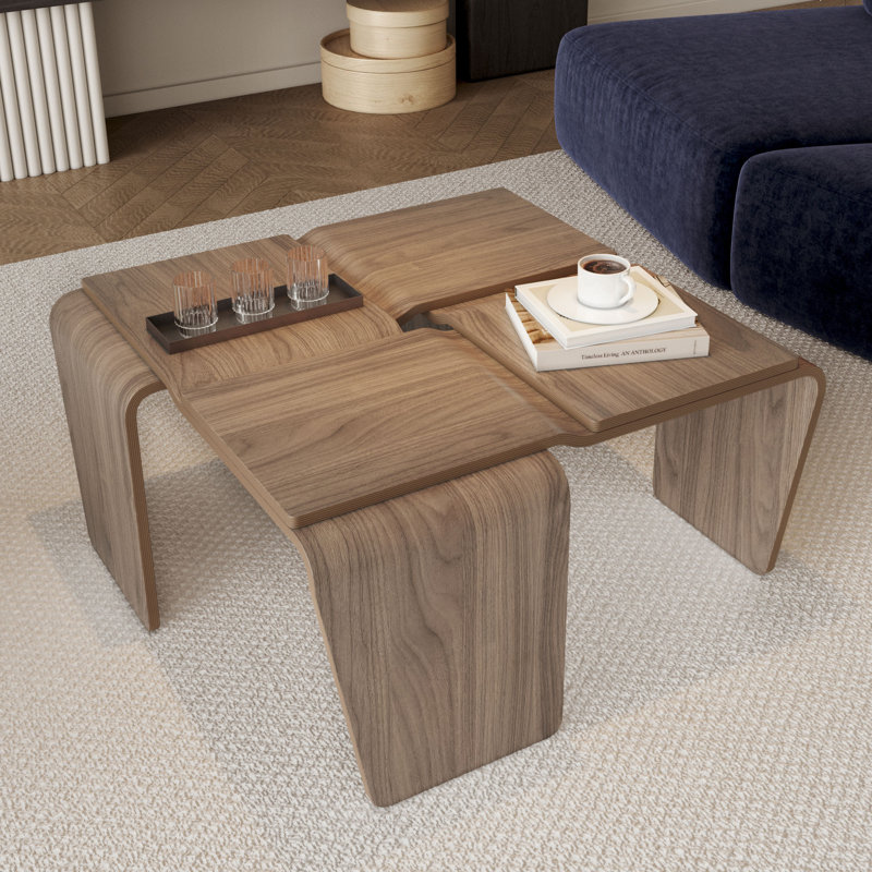  Modern Walnut Square Modular Curved Solid Wood Coffee Table,Side Table,Easy Assembly