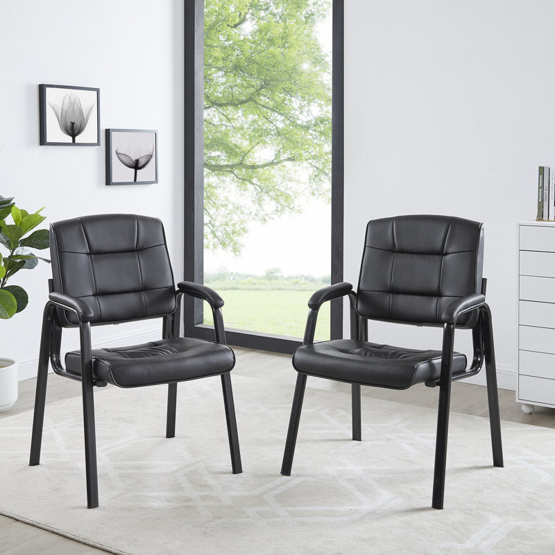 Keymiah Faux Leather Guest Chair with Arms – Ideal for Lobbies, Waiting Rooms Chair, and Reception Chair, Black Faux Leather