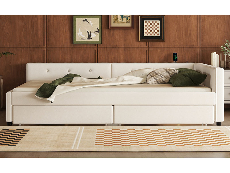 Lit plateforme tapissier avec port USB et 2 tiroirs, beige