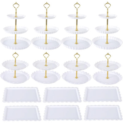 Ensemble de présentoir à gâteaux 14 pièces avec 4 supports à petits gâteaux à 2 niveaux et 4 x 3 niveaux, 6 plateaux à dessert, plateaux de service en plastique épais pour petits gâteaux, beignets, fruits, fête, mariage, présentation de buffet