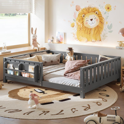 Full Low Platform Bed With Built-in Bookshelf Safety Guardrail, Full Size Solid Wood Montessori Bed Frame For Kids, Boys, Girls, Easy Assemble ( Full, Gray, Bookshelf )