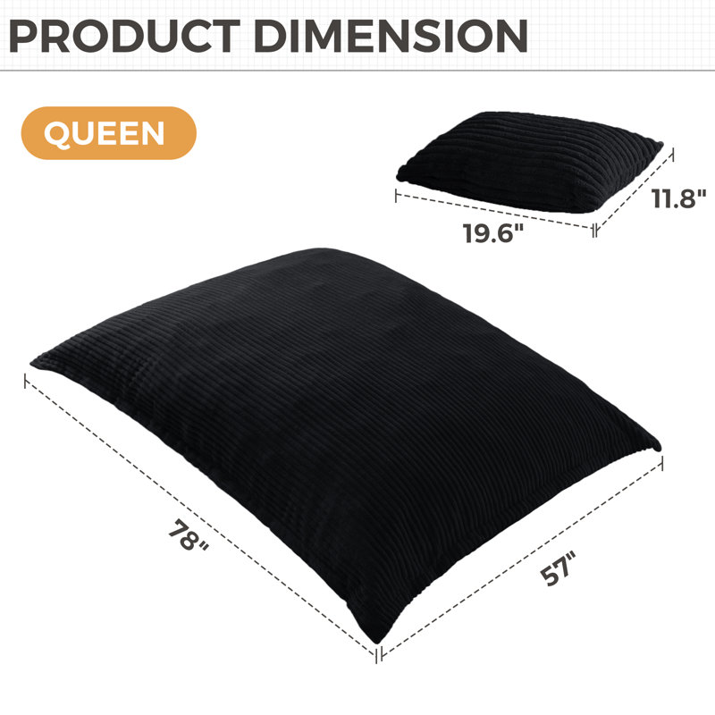 Fauteuil à billes convertible 80 po 3 en 1 avec coussin 80 po Black, Velours côtelé noir, 80"W x 59"D
