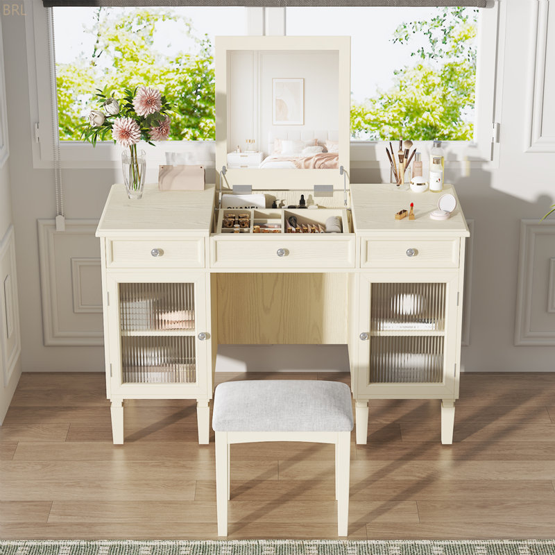 Bureau de coiffeuse 2 en 1 avec miroir rabattable, coiffeuse avec tiroir et armoire, bureau d'ordinateur multifonctionnel pour bureau, vestiaire, chambre à coucher, salon, chêne