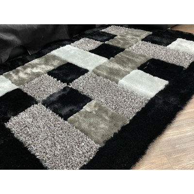 Tapis noir/gris/beige à surface beige fait main géométrique Nevin