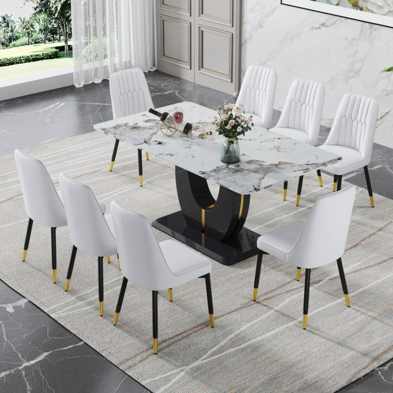 Usmon Glass Top Pedestal Dining Set, 9, White/Black