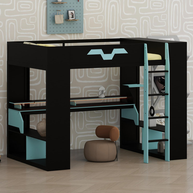High-Profile Sleeping Platform Featuring Built-in Outlets, Smart Cable Organization, and Dynamic LED Effects, Blue