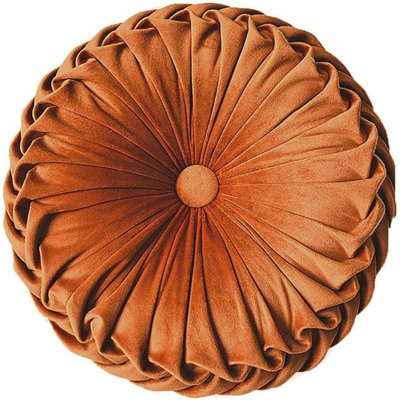 Round Velvet Throw Pillow, Pleated Decorative Accent Cushion For Couch, Chair, Bed And Car, Soft Home Decor Pillow, Orange