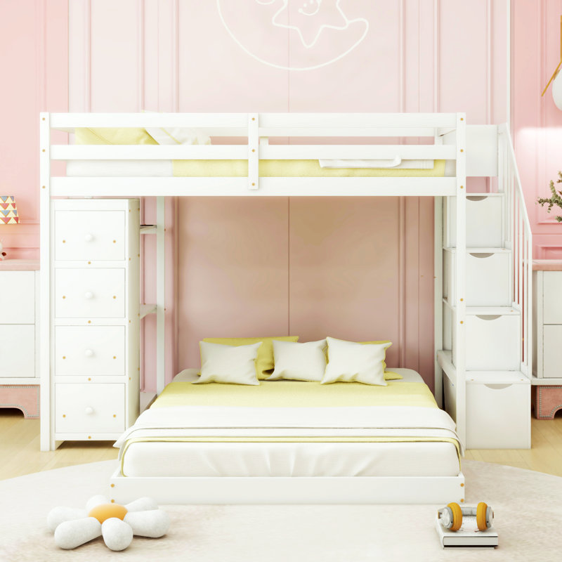 Jasten Platform Storage Bed,Twin Over Full Bunk Bed with 3-layer Shelves, Drawers and Storage Stairs, White