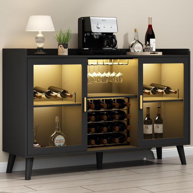Ermo Wine Bar Cabinet with Led Light, Home Coffee Cabinet with Wine and Glass Rack, Black