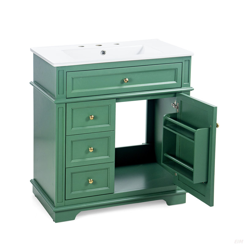 30" Bathroom Vanity With Sink, One Tip-Out Drawer, Three Drawers, Door Shelf, Soft Closing Door